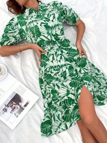 熱帶圖案前排扣泡泡袖腰帶襯衫洋裝 - 綠色 - 查看 5