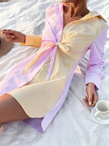 Femmeiva Color Block Striped Tie Front Shirt Dress - Multicolor - View 5