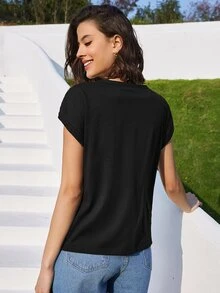 SHEIN Contrast Lace Batwing Sleeve Tee - Black - View 2
