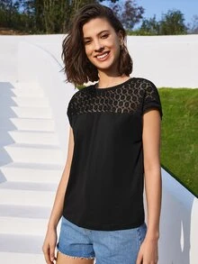 SHEIN Contrast Lace Batwing Sleeve Tee - Black - View 3