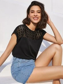 SHEIN Contrast Lace Batwing Sleeve Tee - Black - View 5