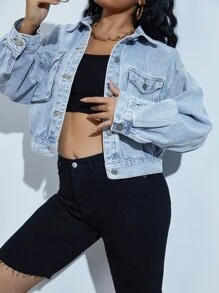 SHEIN EZwear Drop Shoulder Flap Pocket Denim Jacket - Light Wash - View 1