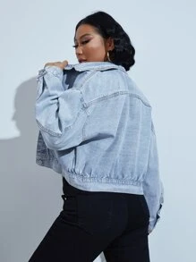 SHEIN EZwear Drop Shoulder Flap Pocket Denim Jacket - Light Wash - View 2