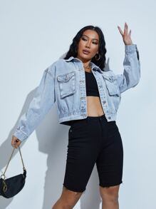 SHEIN EZwear Drop Shoulder Flap Pocket Denim Jacket - Light Wash - View 3