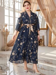 Al Najma Vestido con bordado floral de hombros descubiertos bajo con abertura - Azul Marino - Ver 6