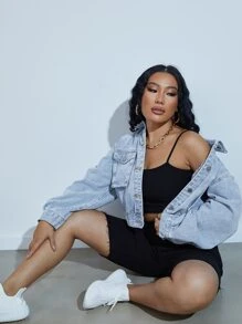 SHEIN EZwear Drop Shoulder Flap Pocket Denim Jacket - Light Wash - View 4