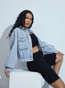 SHEIN EZwear Drop Shoulder Flap Pocket Denim Jacket - Light Wash - View 5