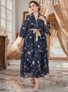 Al Najma Vestido con bordado floral de hombros descubiertos bajo con abertura - Azul Marino - Ver 3