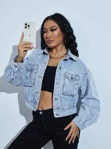 SHEIN EZwear Drop Shoulder Flap Pocket Denim Jacket - Light Wash - View 6