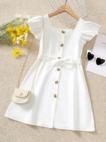 SHEIN Girls Single Breasted Butterfly Sleeve Belted Dress - White - View 1