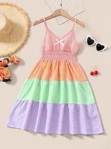 SHEIN Girls Gingham Print Colourblock Shirred Bow Front Cami Dress - Multicolor - View 1