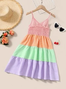 SHEIN Girls Gingham Print Colourblock Shirred Bow Front Cami Dress - Multicolor - View 2