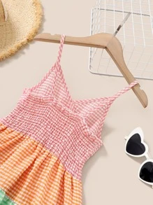 SHEIN Girls Gingham Print Colourblock Shirred Bow Front Cami Dress - Multicolor - View 4