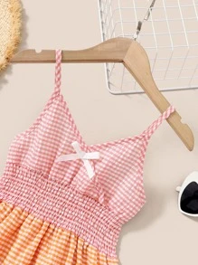 SHEIN Girls Gingham Print Colourblock Shirred Bow Front Cami Dress - Multicolor - View 5