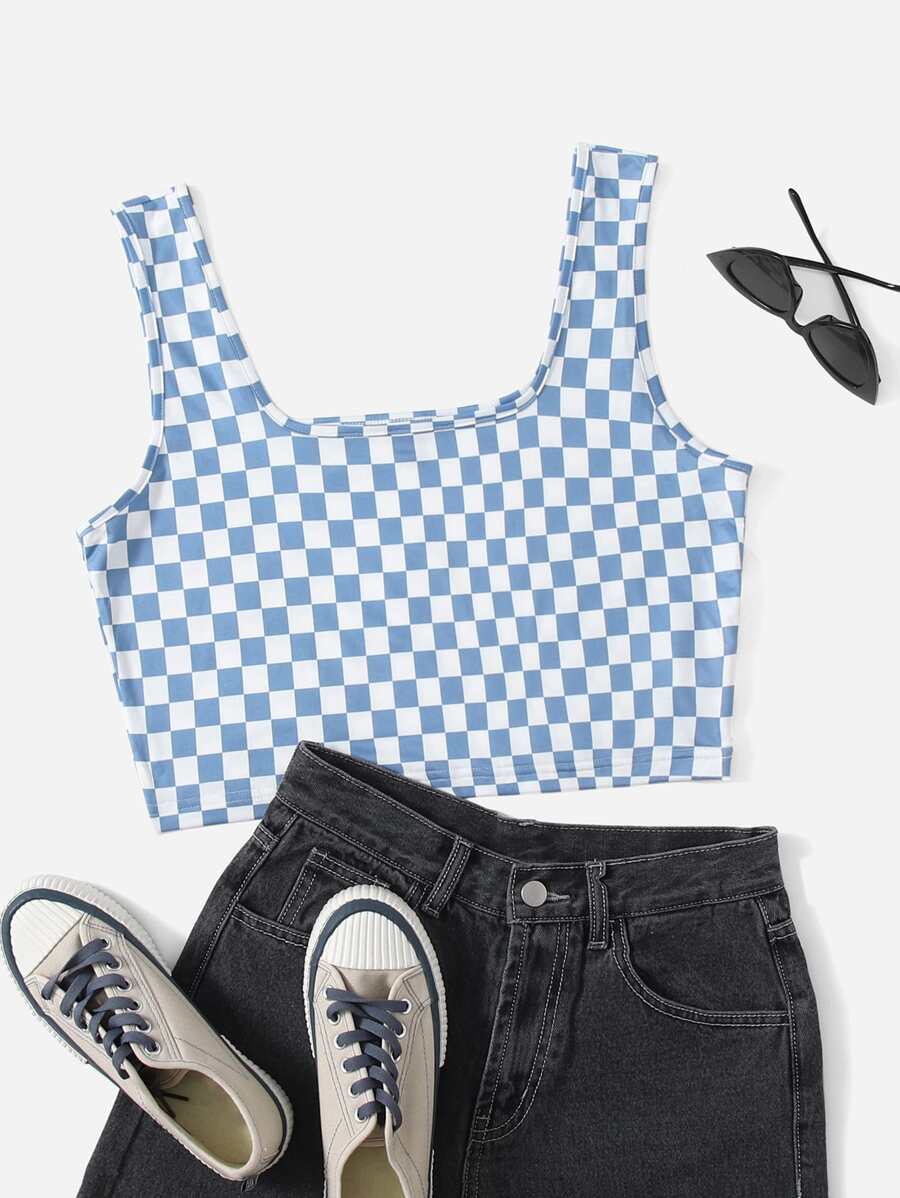 SHEIN EZwear Áo hai dây Plus Size Sọc ca rô Thể thao - Xanh và trắng - Xem 1