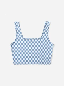 SHEIN EZwear Áo hai dây Plus Size Sọc ca rô Thể thao - Xanh và trắng - Xem 3