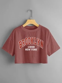 SHEIN Unity Camiseta corta de hombros caídos con estampado de letra - Color caoba - Ver 1