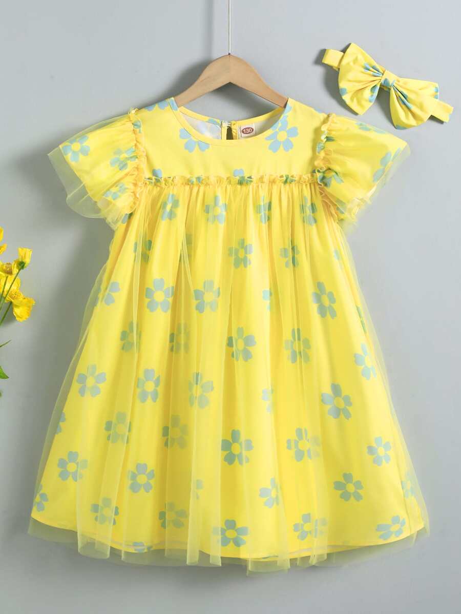 女孩印花蝴蝶袖網紗洋裝和髮箍