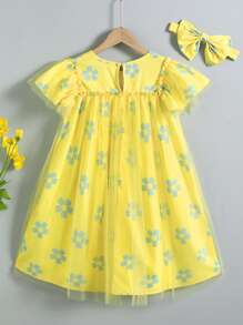 女孩印花蝴蝶袖網紗洋裝和髮箍