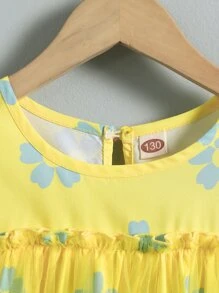 女孩印花蝴蝶袖網紗洋裝和髮箍