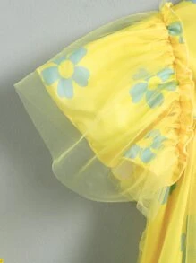 女孩印花蝴蝶袖網紗洋裝和髮箍