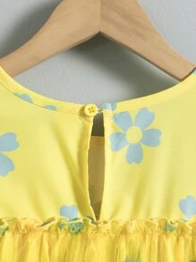 女孩印花蝴蝶袖網紗洋裝和髮箍