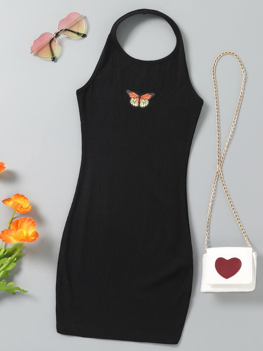 女孩蝴蝶圖案掛脖洋裝 - 黑色 - 查看 1