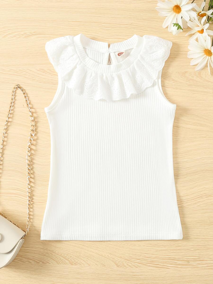 Toddler Girls Eyelet Embroidery Trim Keyhole Back Tank Top - Beige - View 1