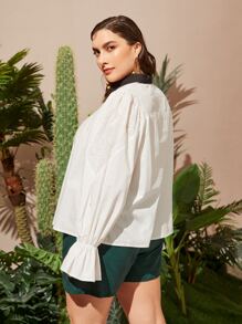 SHEIN 大碼前紐扣拼接領荷葉袖襯衫 - 白色 - 查看 2