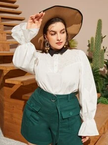 SHEIN 大碼前紐扣拼接領荷葉袖襯衫 - 白色 - 查看 3