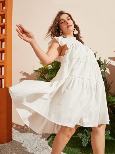 Ruffle Trim Eyelet Embroidered Bodice Lace Tape Swiss Dot Dress
