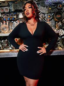 Calvaya Plus Cut Out Tie Back Overlap Collar Bodycon Dress - Black - View 5