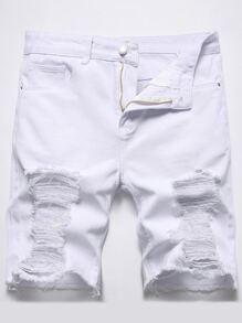 Manfinity Men Ripped Frayed Raw Hem Denim Shorts - White - View 1