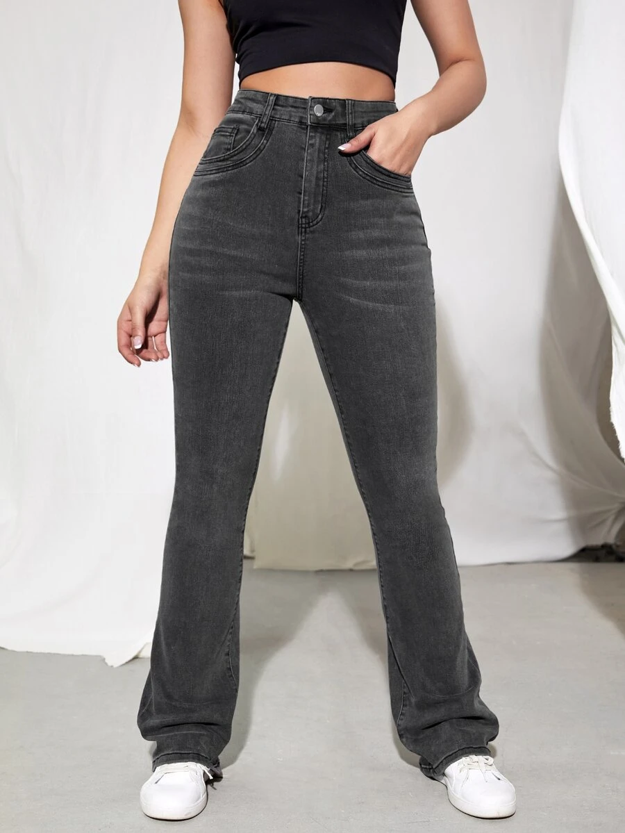 High Waist Bleach Wash Bootcut Jeans - Dark Grey - View 1