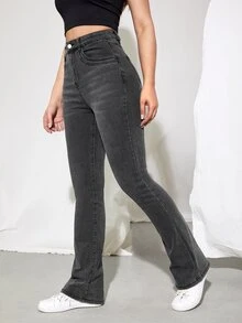 High Waist Bleach Wash Bootcut Jeans - Dark Grey - View 5