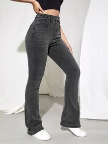 High Waist Bleach Wash Bootcut Jeans - Dark Grey - View 6