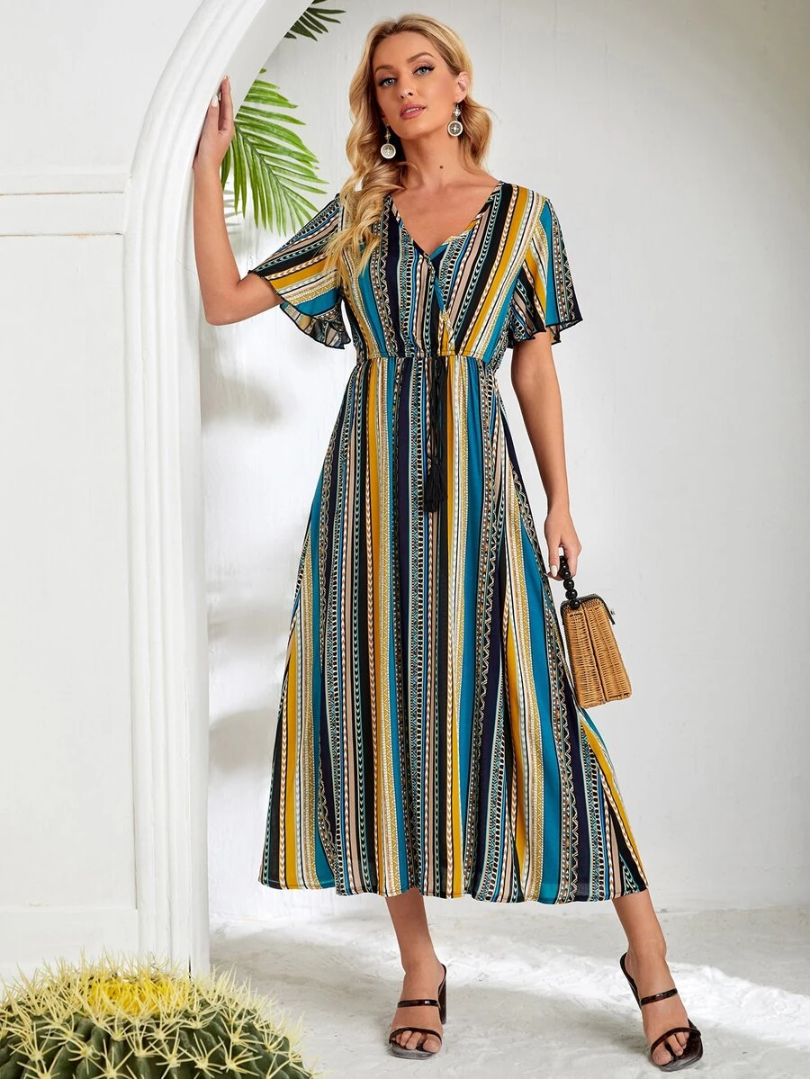 EMERY ROSE Đầm mép Nút phía trước Hình học Boho - Nhiều màu - Xem 1