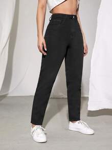 SHEIN EZwear Vlak Dames jeans Knoop Zak Rits