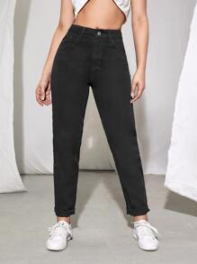 SHEIN EZwear Vlak Dames jeans Knoop Zak Rits