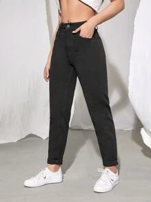 SHEIN EZwear Vlak Dames jeans Knoop Zak Rits