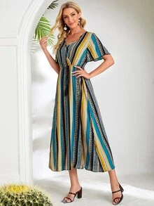 EMERY ROSE Đầm mép Nút phía trước Hình học Boho - Nhiều màu - Xem 5