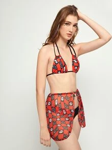 3packs Cartoon Graphic Halter Bikini & Beach Skirt Summer - Red - View 4