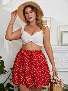 Plus Ditsy Floral Print Tie Waist Ruffle Hem Skirt - Red - View 1
