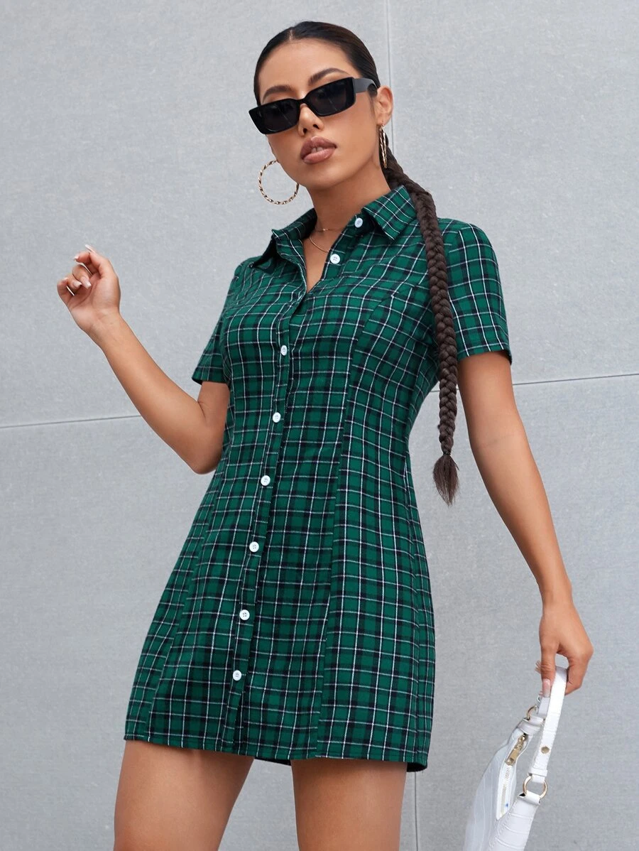 格紋印花襯衫洋裝 - 綠色 - 查看 1