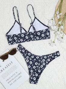 SHEIN Swim Summer Beach Floral Ring Linked Bikini - Navy Blue - View 3