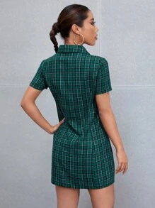 格紋印花襯衫洋裝 - 綠色 - 查看 2