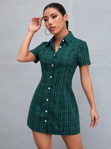 格紋印花襯衫洋裝 - 綠色 - 查看 3
