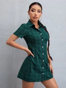 格紋印花襯衫洋裝 - 綠色 - 查看 4