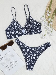 SHEIN Swim Summer Beach Floral Ring Linked Bikini - Navy Blue - View 5