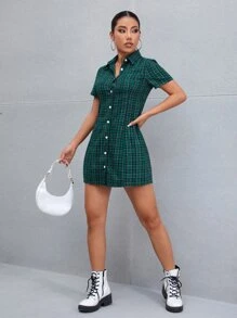 格紋印花襯衫洋裝 - 綠色 - 查看 5